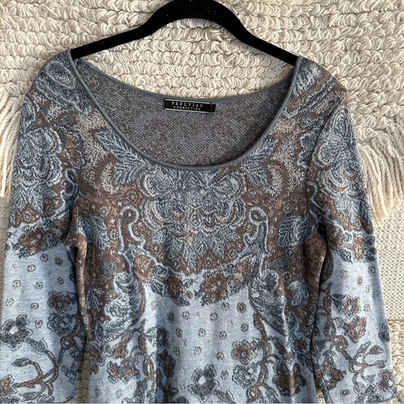 PERUVIAN CONNECTION blue and brown paisley pima cotton midi sweater dress S - Picture 2 of 9